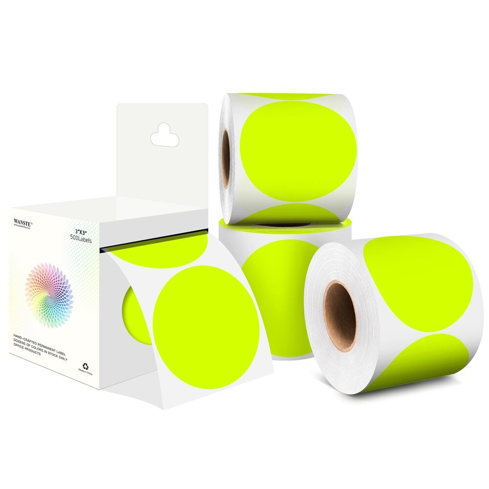 1567 3 Inch Fluorescent Yellow Dot Stickers,4 Rolls 2000 Pcs,Round Colored